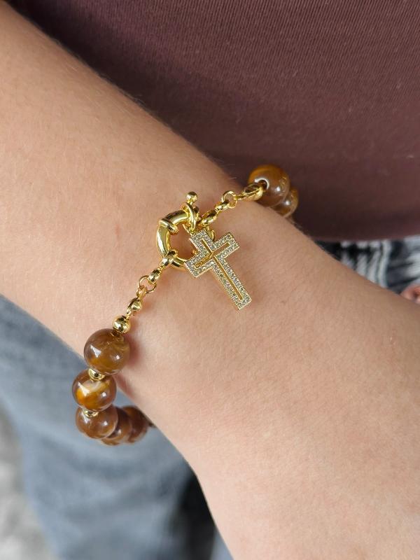 Pulsera Perlas Cafe Dije Cruz