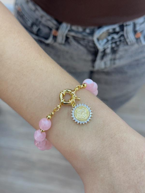 Pulsera Perlas Rosadas Dije San Benito