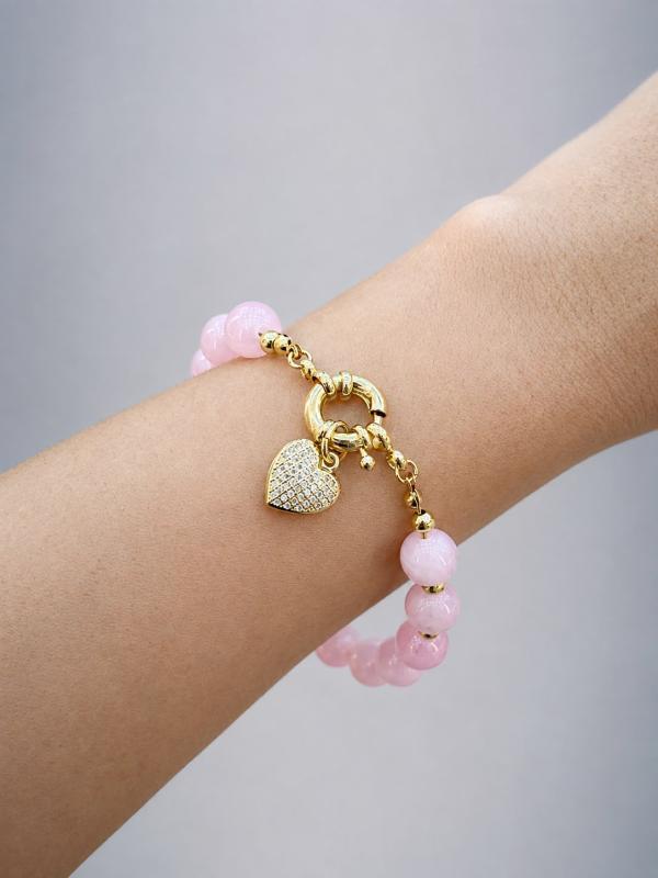 Pulsera Perlas Rosadas Dije Corazon