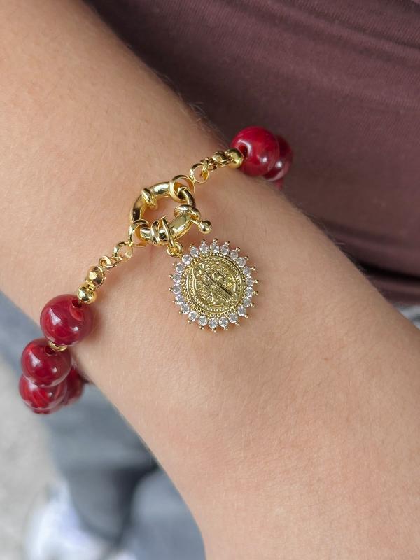 Pulsera Perlas Rojo Vino Dije San Benito