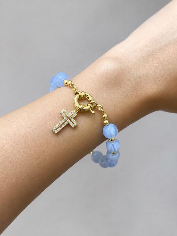 Pulsera Perlas Celestes Dije Cruz
