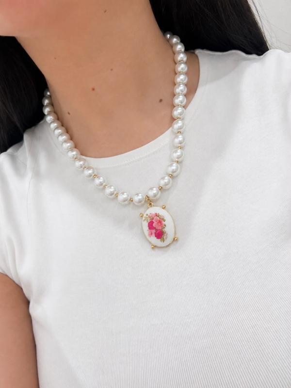Cadena Perlas + Dije Rosas